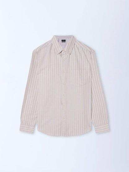 WES Casuals Beige Striped Relaxed-Fit Cotton Shirt