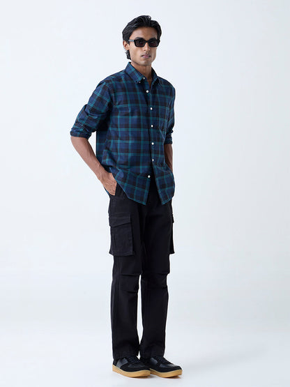 WES Casuals Navy Checkered Relaxed-Fit Cotton Shirt