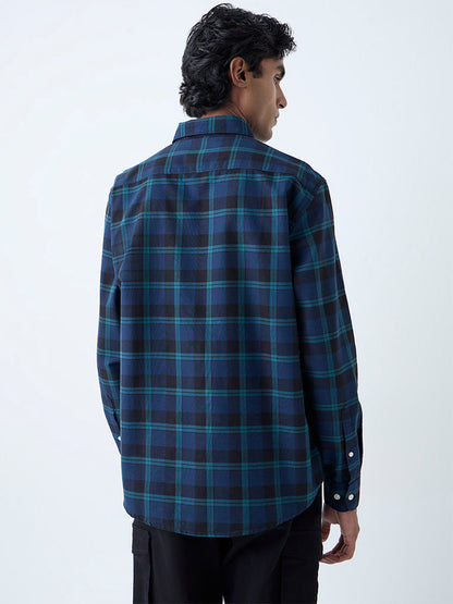 WES Casuals Navy Checkered Relaxed-Fit Cotton Shirt