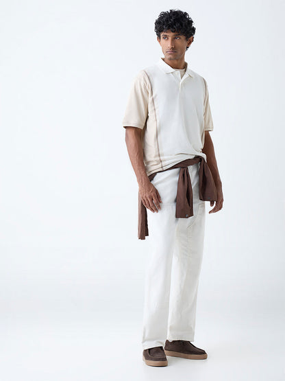 WES Casuals Beige Colour-Blocked Relaxed-Fit Cotton-Blend Polo T-Shirt