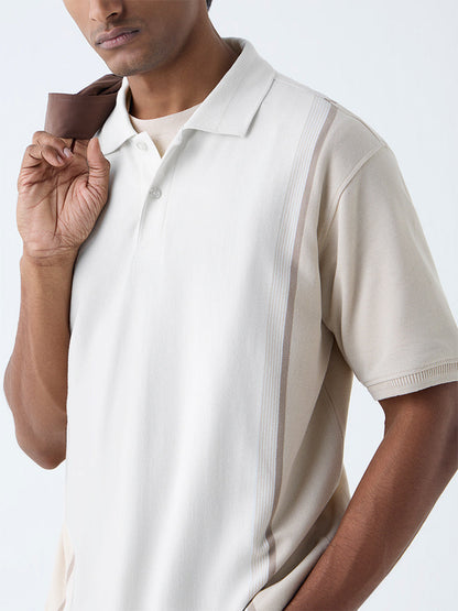 WES Casuals Beige Colour-Blocked Relaxed-Fit Cotton-Blend Polo T-Shirt