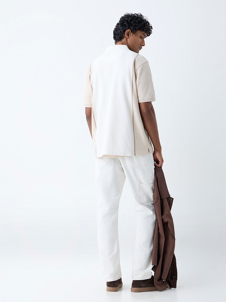 WES Casuals Beige Colour-Blocked Relaxed-Fit Cotton-Blend Polo T-Shirt