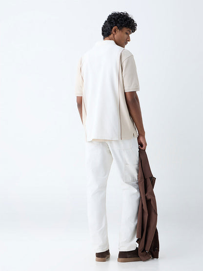 WES Casuals Beige Colour-Blocked Relaxed-Fit Cotton-Blend Polo T-Shirt