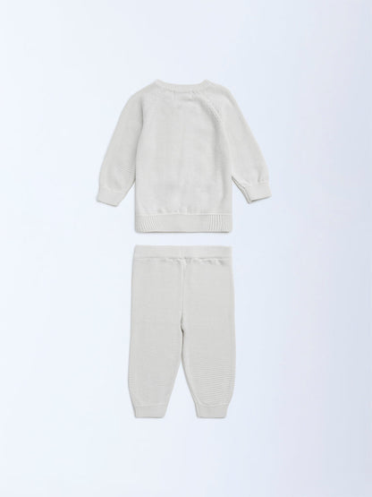 HOP Baby Off-White Cotton Sweater with Joggers Set