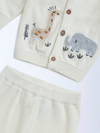 HOP Baby Off-White Cotton Sweater with Joggers Set