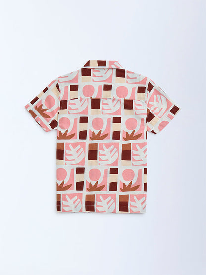 HOP Kids Peach Printed Cotton Shirt