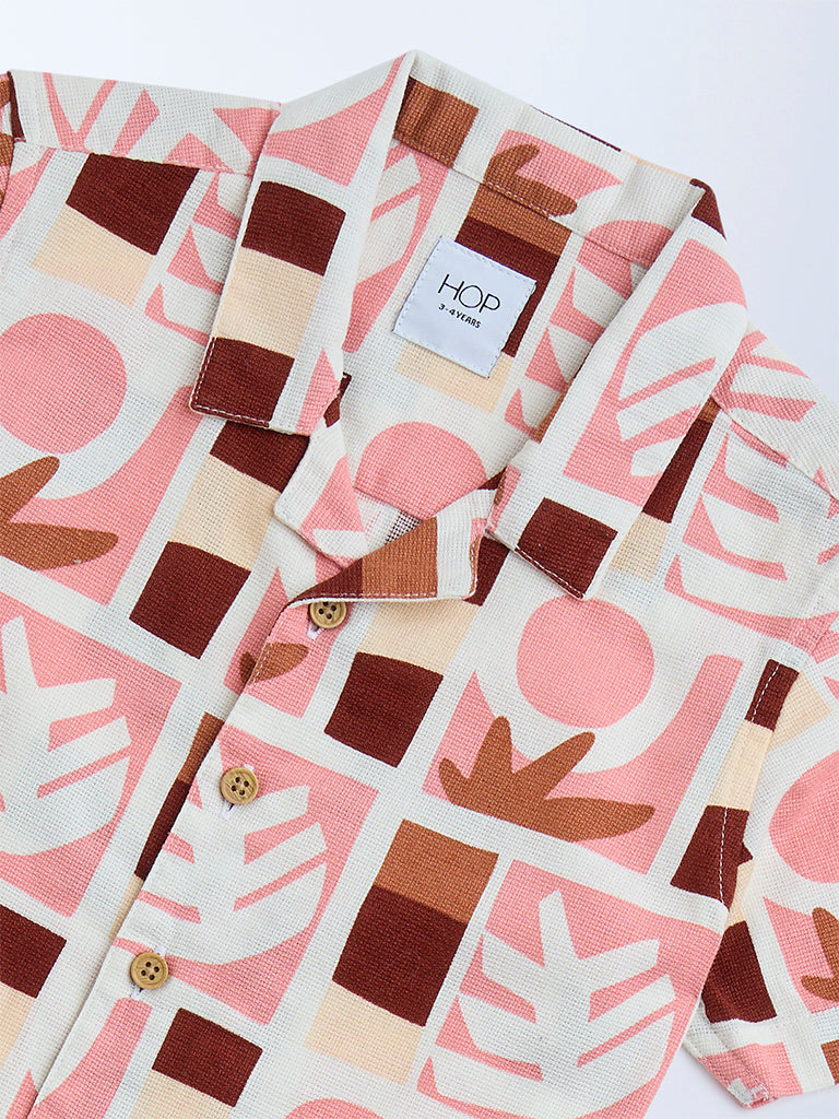 HOP Kids Peach Printed Cotton Shirt