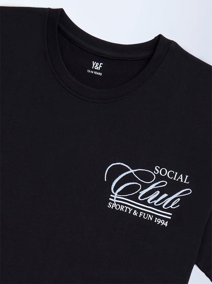 Y&F Kids Black Text Printed Cotton T-Shirt