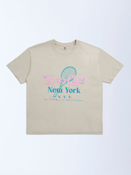 Y&F Kids Beige Typographic Cotton T-Shirt