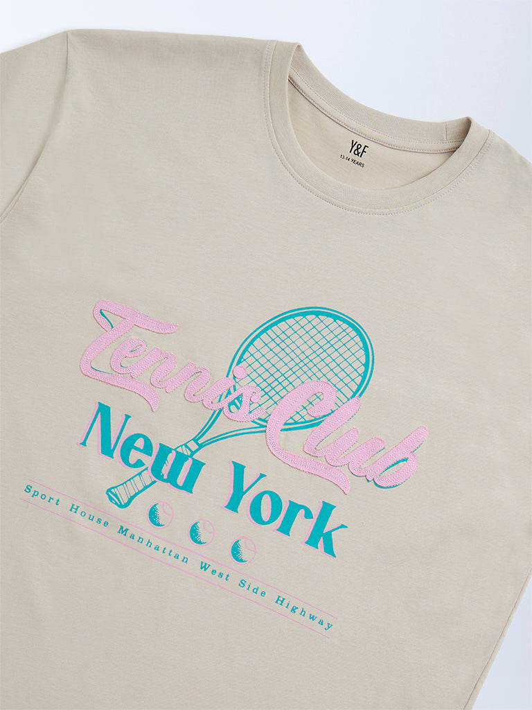 Y&F Kids Beige Typographic Cotton T-Shirt
