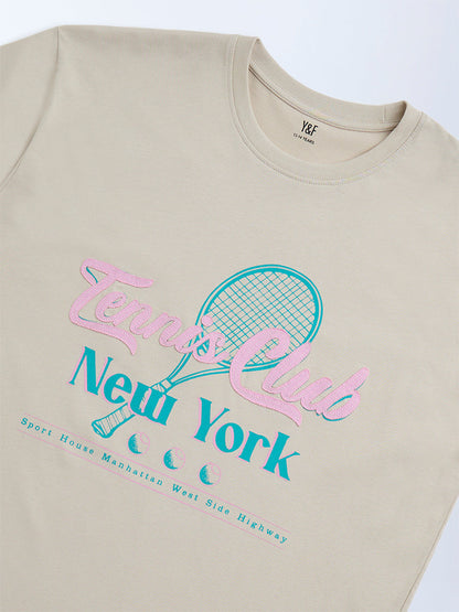 Y&F Kids Beige Typographic Cotton T-Shirt