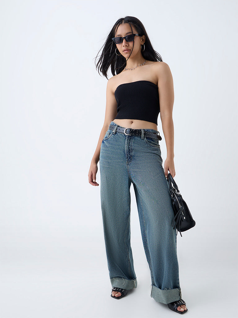 Nuon Black Ribbed-Textured Tube Top