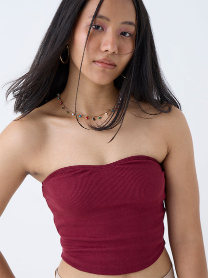 Nuon Wine Ribbed Cotton-Blend Tube Top