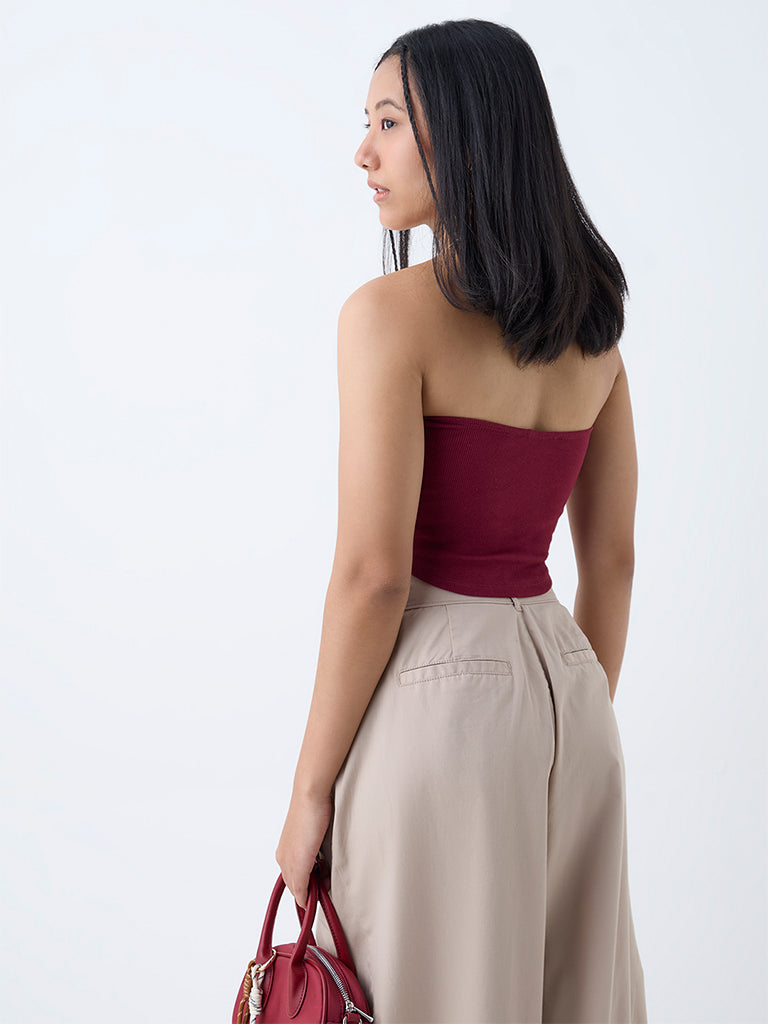 Nuon Wine Ribbed Cotton-Blend Tube Top