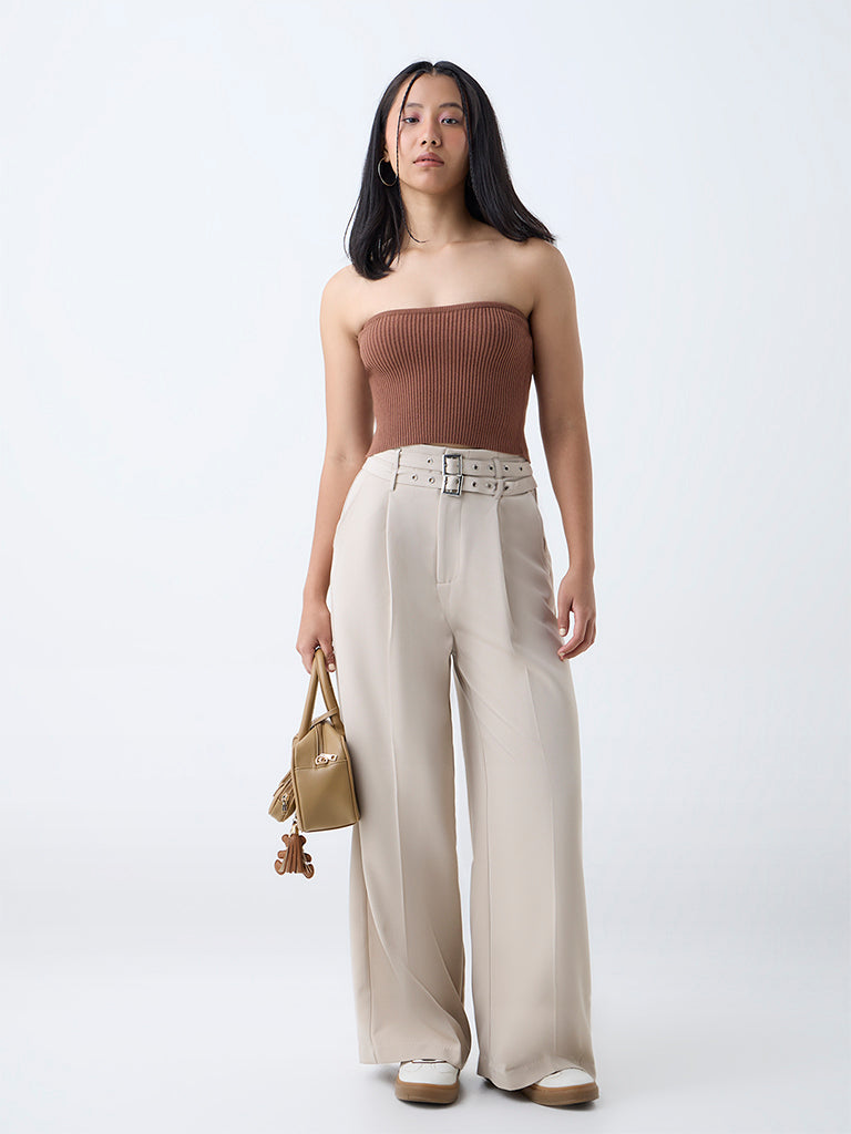 Nuon Brown Ribbed-Textured Tube Top