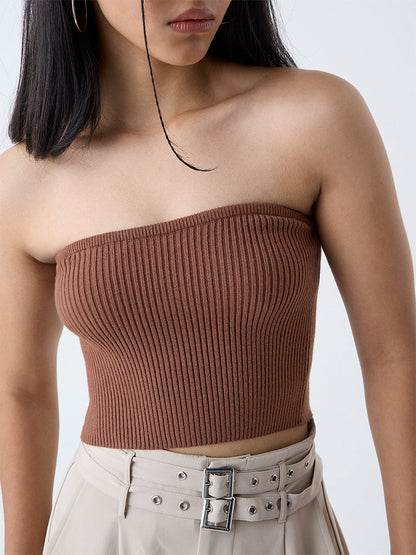 Nuon Brown Ribbed-Textured Tube Top
