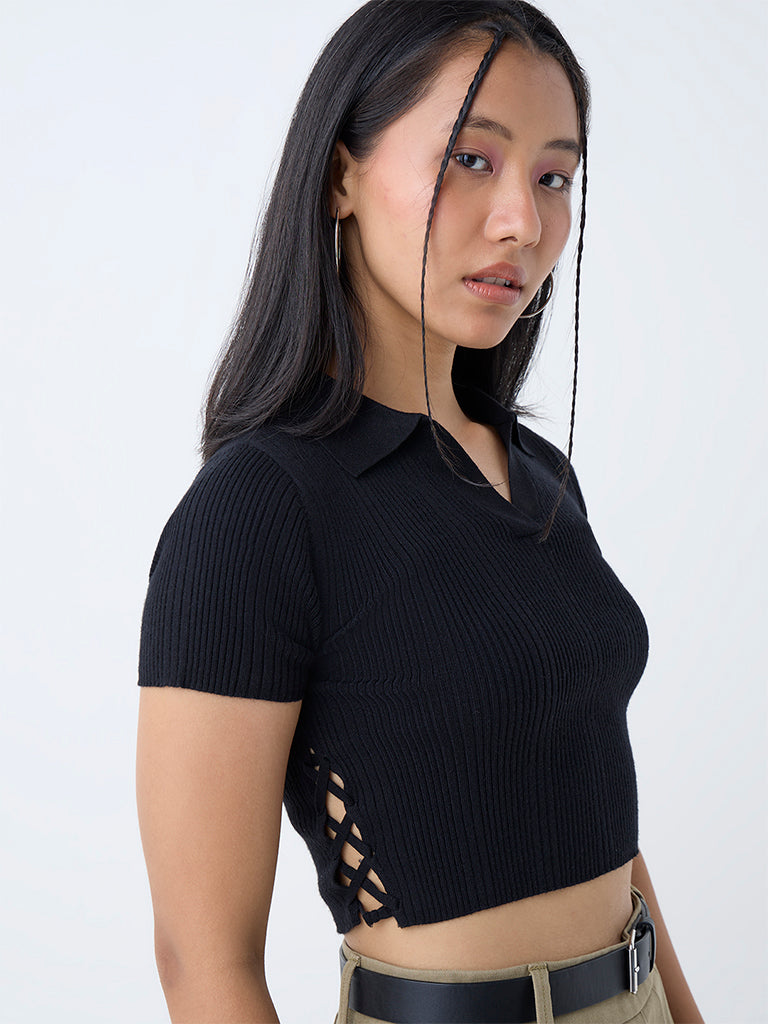 Nuon Black Criss-Cross-Detailed Ribbed T-Shirt