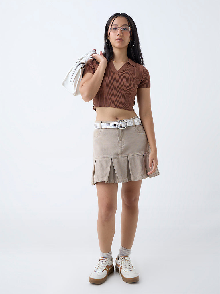 Nuon Brown Criss-Cross-Detailed Ribbed T-Shirt