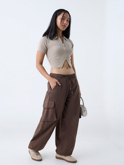 Nuon Beige Ribbed-Textured T-Shirt