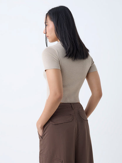 Nuon Beige Ribbed-Textured T-Shirt