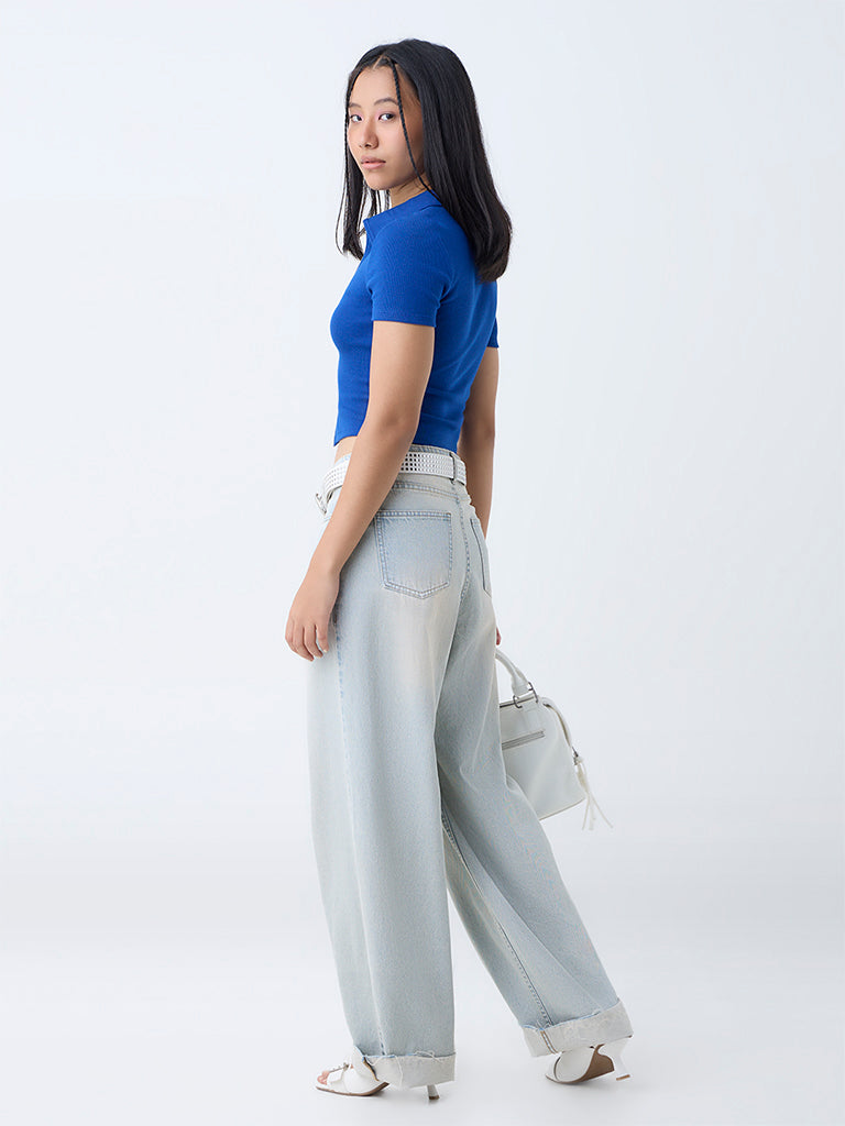 Nuon Blue Ribbed-Textured T-Shirt
