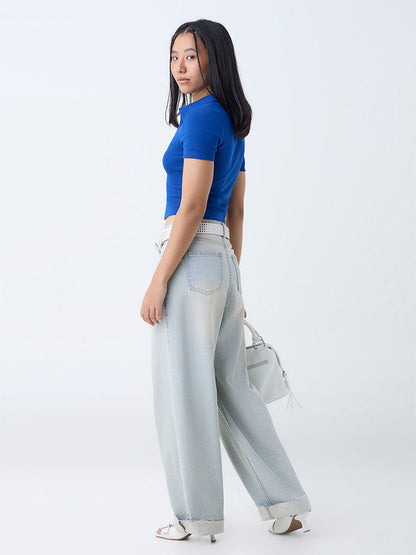 Nuon Blue Ribbed-Textured T-Shirt
