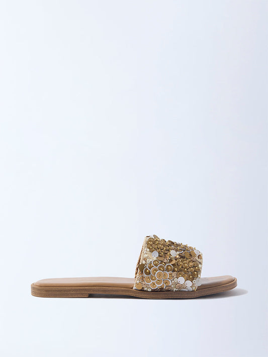LUNA BLU Light Brown Embellished Slides