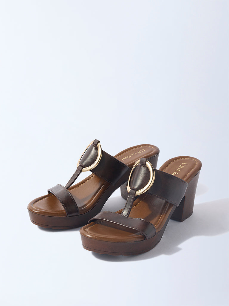 LUNA BLU Brown Hardware-Detailed Block Heel Sandals