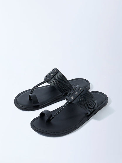 SOLEPLAY Black Textured Toe-Ring Leather Kolhapuri Sandals