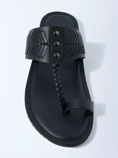 SOLEPLAY Black Textured Toe-Ring Leather Kolhapuri Sandals
