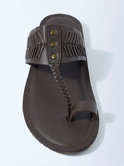 SOLEPLAY Brown Textured Toe-Ring Leather Kolhapuri Sandals