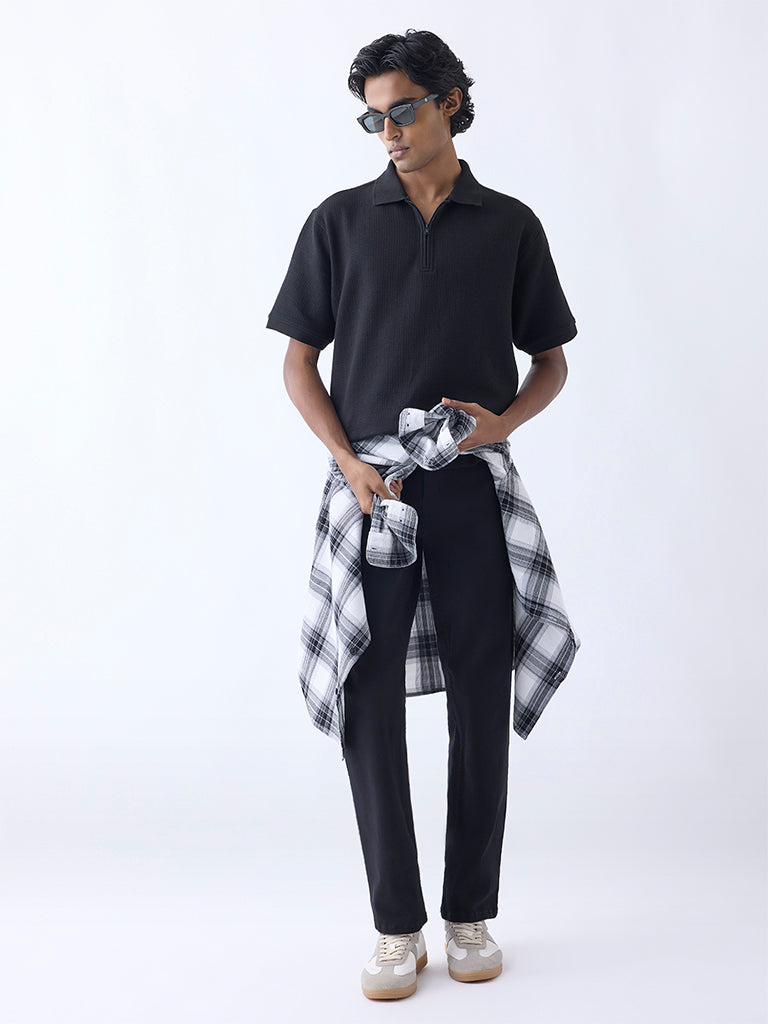 WES Casuals Black Relaxed-Fit Quarter-Zip Polo T-Shirt