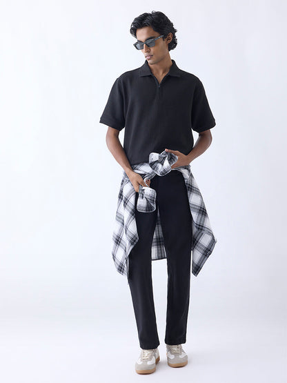 WES Casuals Black Relaxed-Fit Quarter-Zip Polo T-Shirt