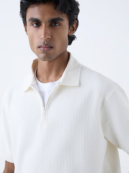 WES Casuals Off-White Relaxed-Fit Three-Quarter Zip T-Shirt