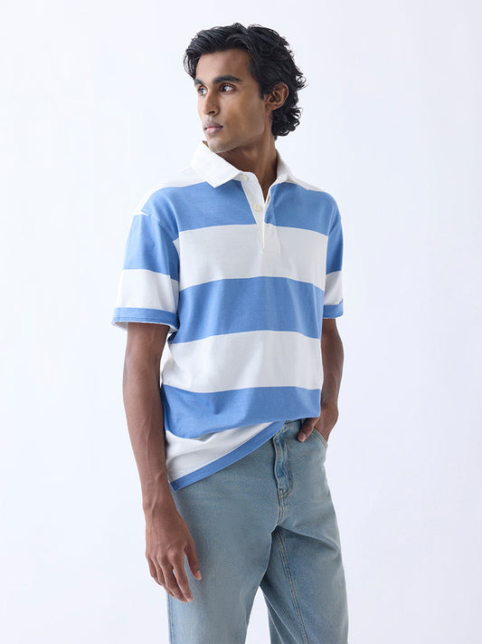 WES Casuals Blue Relaxed-Fit Cotton-Blend Polo T-Shirt