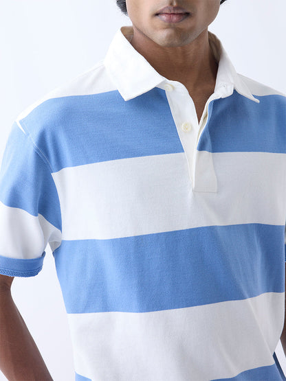 WES Casuals Blue Relaxed-Fit Cotton-Blend Polo T-Shirt