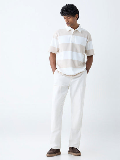 WES Casuals Beige Stripes Relaxed-Fit Cotton-Blend Polo T-Shirt