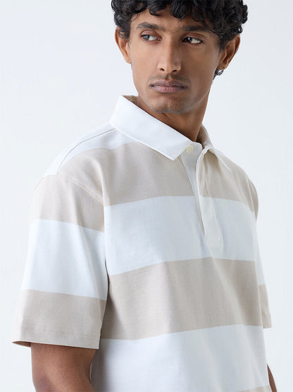 WES Casuals Beige Stripes Relaxed-Fit Cotton-Blend Polo T-Shirt