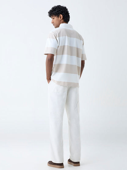 WES Casuals Beige Stripes Relaxed-Fit Cotton-Blend Polo T-Shirt