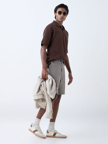 WES Casuals Brown Relaxed-Fit Quarter-Zip Cotton-Blend Polo T-Shirt