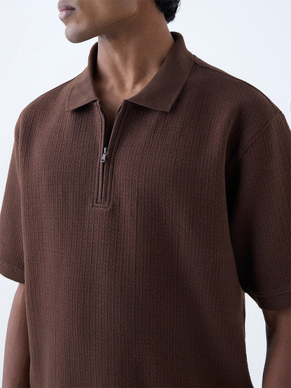 WES Casuals Brown Relaxed-Fit Quarter-Zip Cotton-Blend Polo T-Shirt