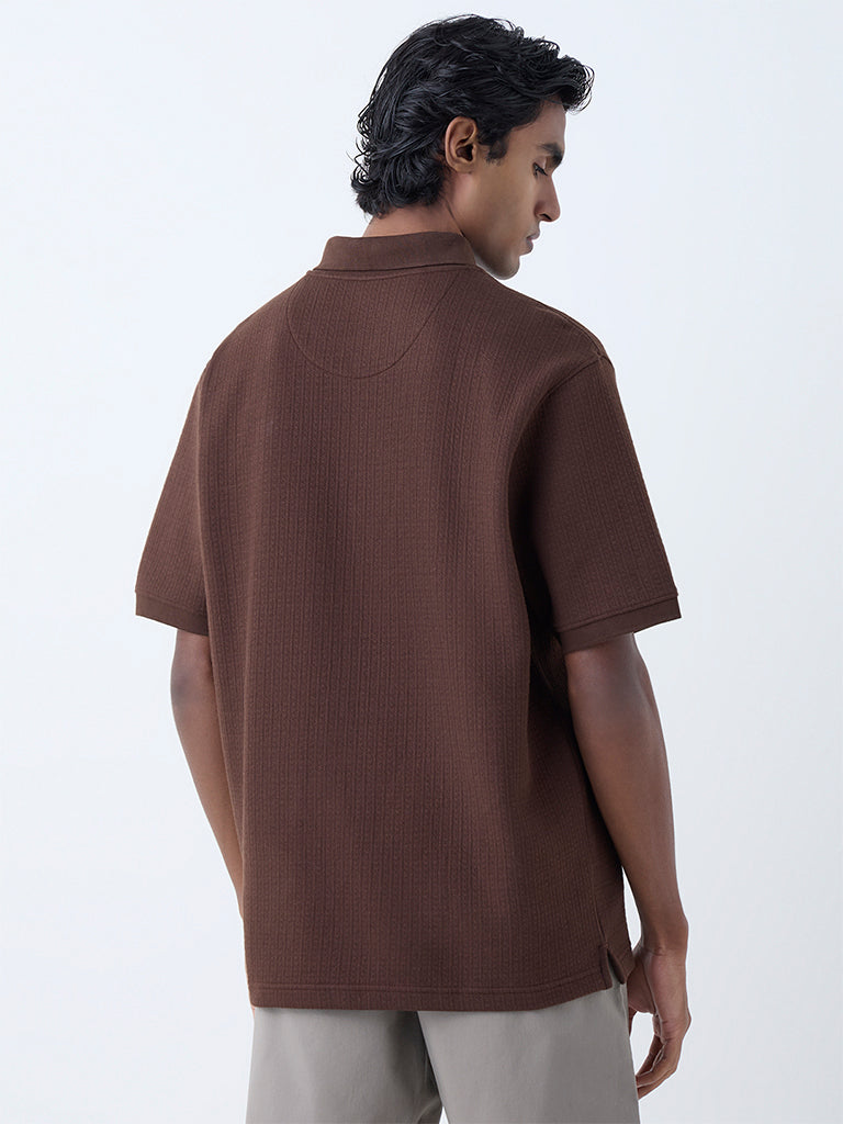 WES Casuals Brown Relaxed-Fit Quarter-Zip Cotton-Blend Polo T-Shirt
