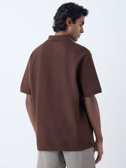 WES Casuals Brown Relaxed-Fit Quarter-Zip Cotton-Blend Polo T-Shirt