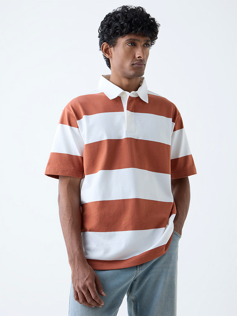 WES Casuals Dark Orange Striped Relaxed-Fit Cotton-Blend Polo T-Shirt