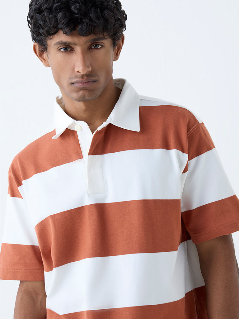 WES Casuals Dark Orange Striped Relaxed-Fit Cotton-Blend Polo T-Shirt