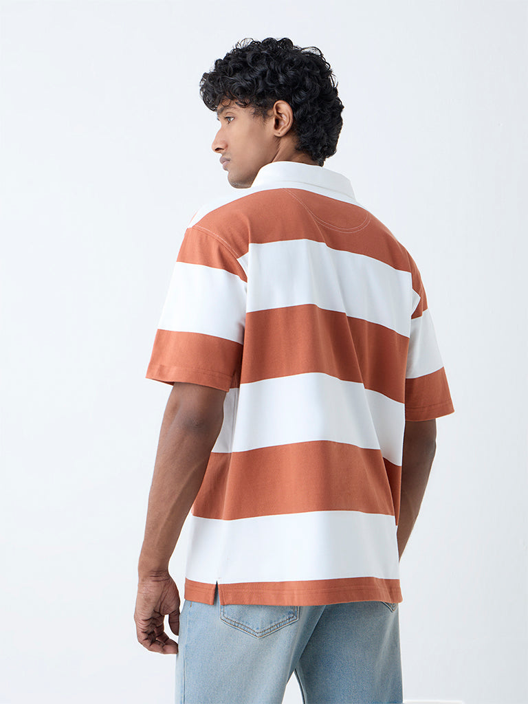 WES Casuals Dark Orange Striped Relaxed-Fit Cotton-Blend Polo T-Shirt