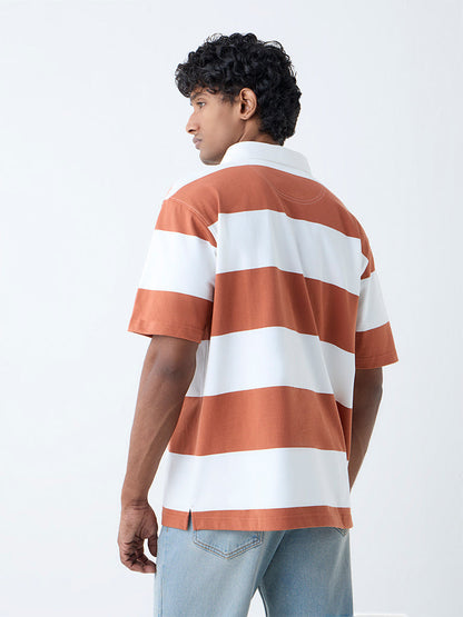 WES Casuals Dark Orange Striped Relaxed-Fit Cotton-Blend Polo T-Shirt