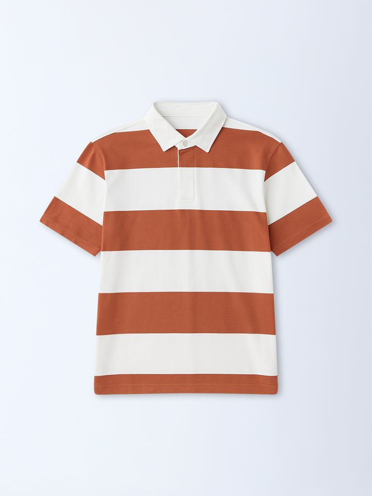 WES Casuals Dark Orange Striped Relaxed-Fit Cotton-Blend Polo T-Shirt