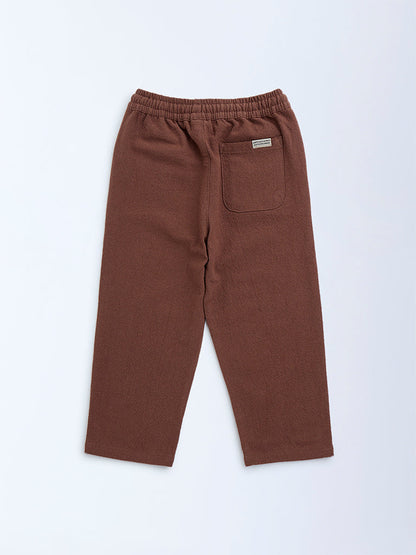 HOP Kids Brown Solid Mid-Rise Cotton Trousers