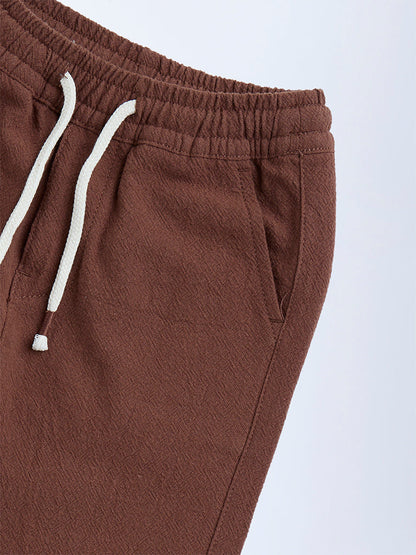 HOP Kids Brown Solid Mid-Rise Cotton Trousers